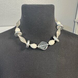 Handcrafted Beaded Necklace With Silver and Clear and White  Accents